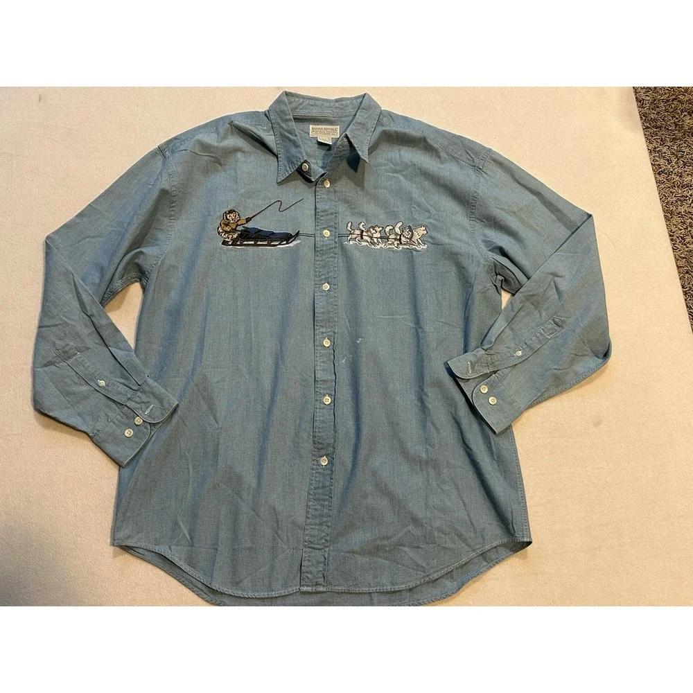 VTG  Banana Republic Safari Travel Clothing Embroidered Dog Sled Cotton Shirt XL